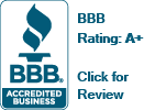 BBB Accredited Business badge with “BBB Rating: A+” and “Click for Review” text