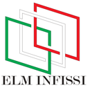 Logo ELM INFISSI con forme sovrapposte di cornici di finestre rosse, verdi e grigie.