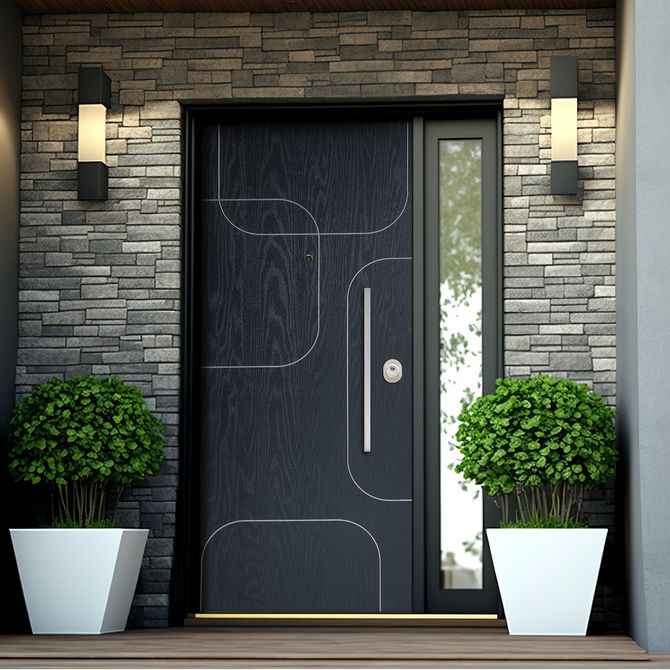 Porta d'ingresso moderna nera con maniglia argentata, fiancheggiata da muri in pietra, luci e due arbusti in vaso.