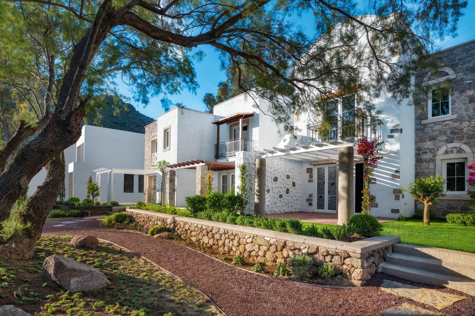 Casa moderna in pietra bianca con giardino curato, alberi e scalini che conducono all'ingresso.