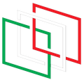 Quadrati intrecciati di colore rosso, verde e grigio chiaro su sfondo bianco.
