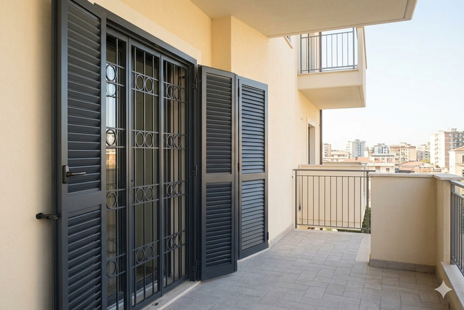 Passerella del balcone con persiane nere, porta in metallo e palazzi cittadini sullo sfondo.