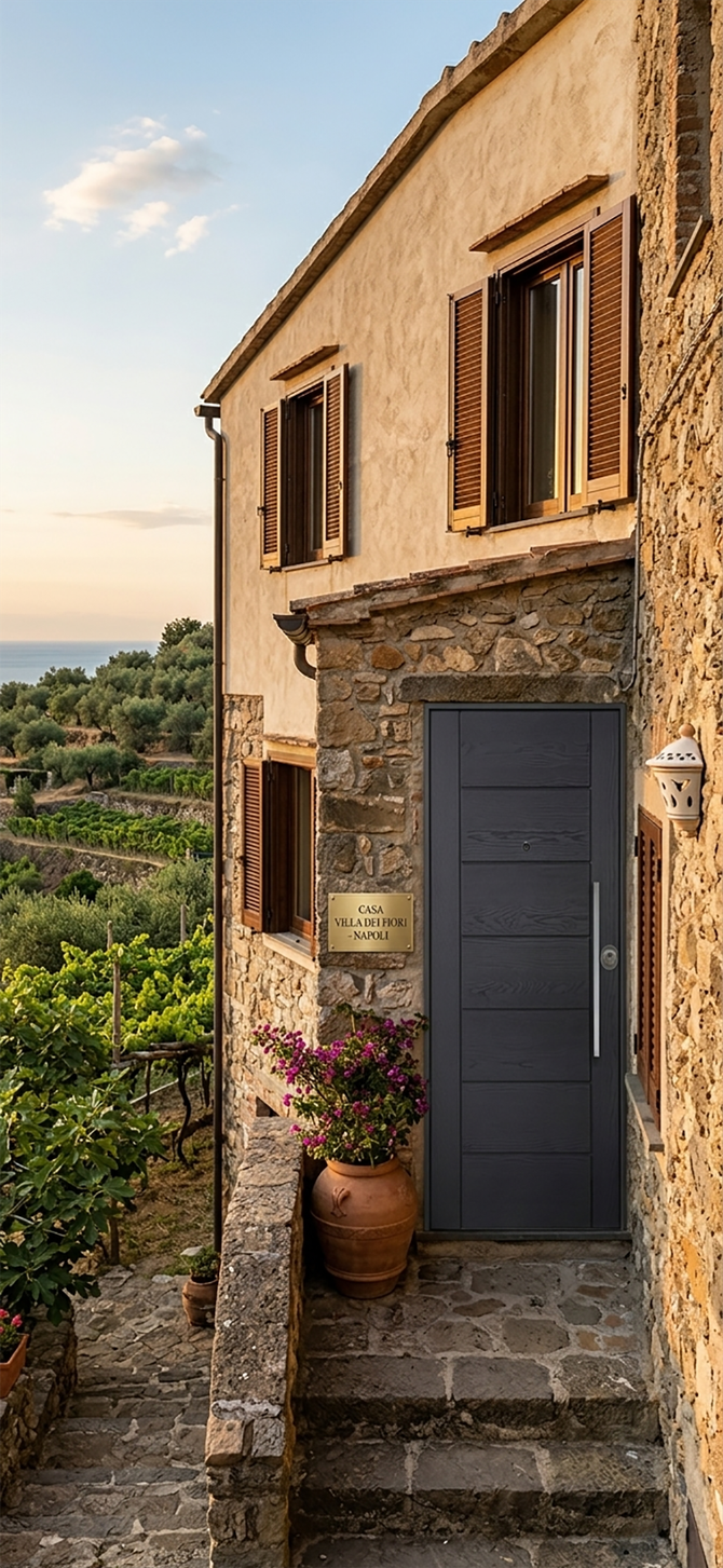 Porta di casa in pietra con persiane in legno, scalini e una pianta in vaso che si affaccia su una verde collina.