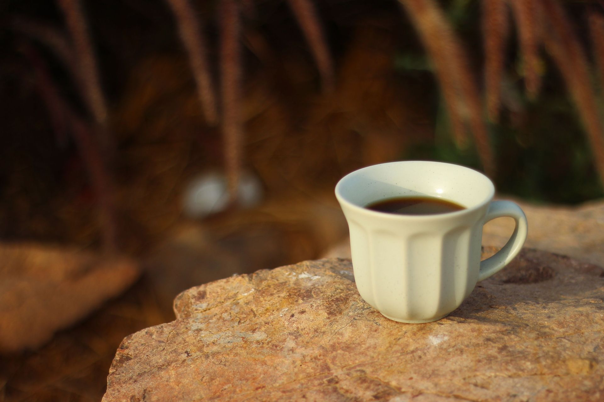 Cream ceramic mug of black coffee on a sunlit stone surface — illustrative photo