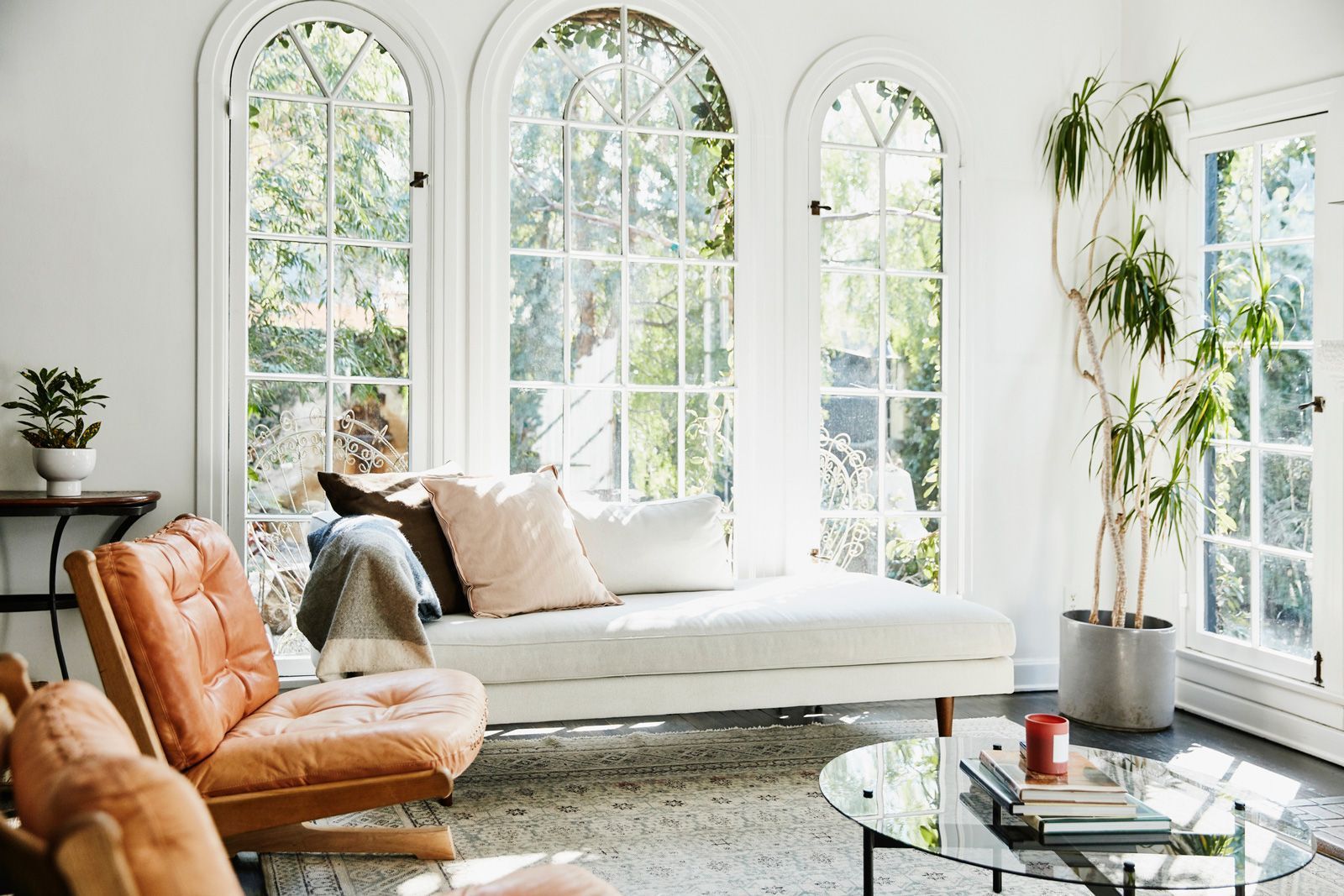 Living room with arched windows, white walls, leather chair, chaise lounge, and plants.