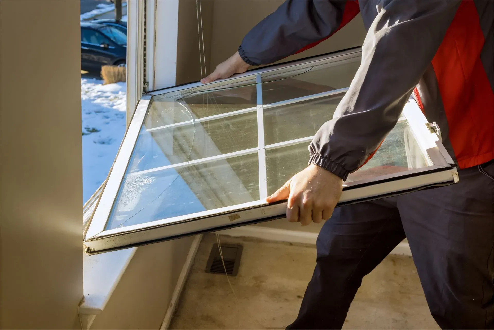 Person installing a window, holding the pane in a white frame, indoors, snowy background. Person installing a window, holding the pane in a white frame, indoors, snowy background.