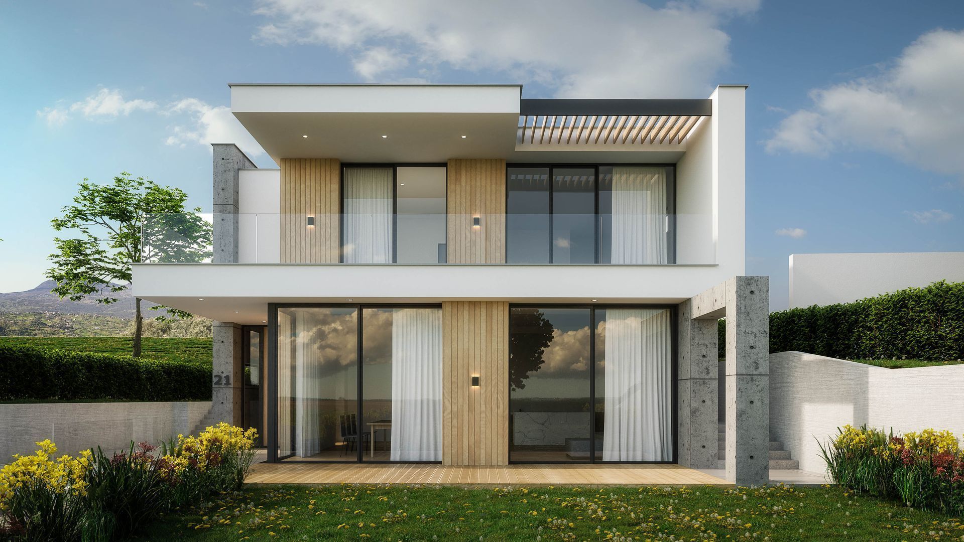 Modern two-story house with large windows, wooden accents, and a flat roof, set on a green lawn with shrubs.