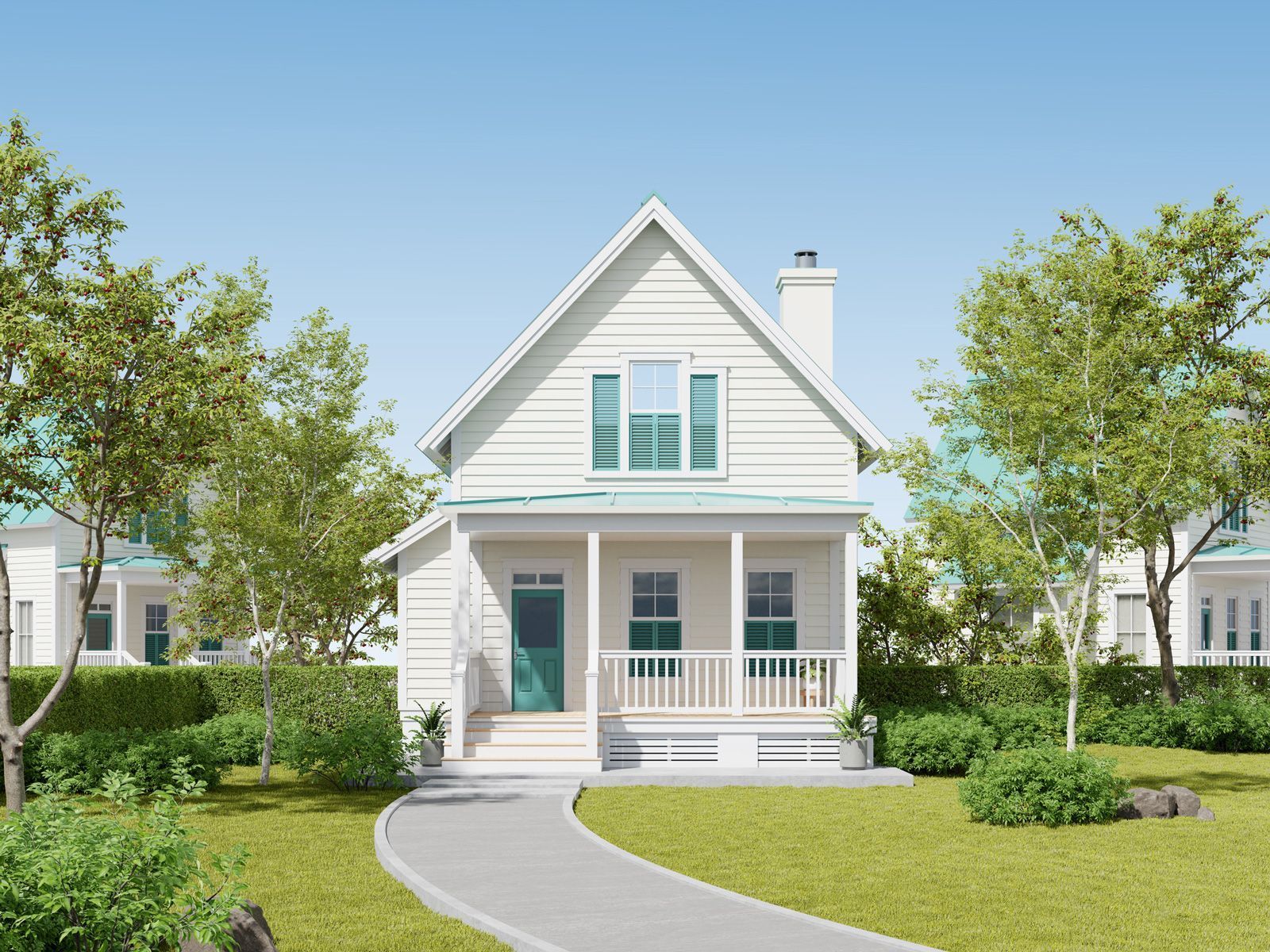 White house with green shutters, front porch, and curving walkway on a sunny day. White house with green shutters, front porch, and curving walkway on a sunny day.
