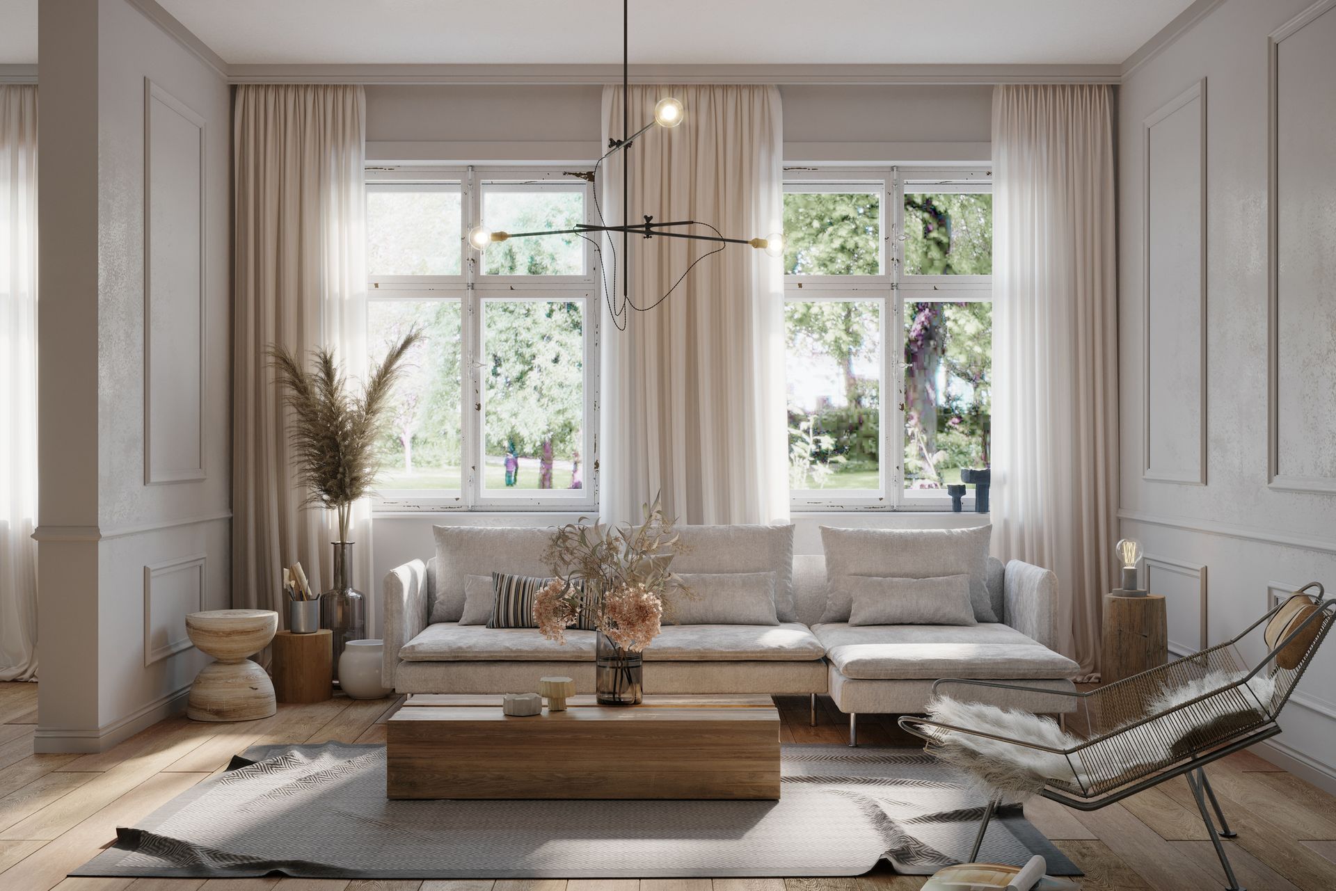 Living room with beige sofa, windows, and neutral décor. Living room with beige sofa, windows, and neutral décor.