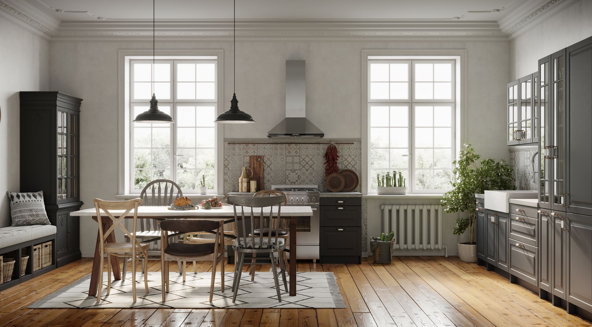 Kitchen with wooden floor, table with chairs, cabinets, and two large windows. Kitchen with wooden floor, table with chairs, cabinets, and two large windows.