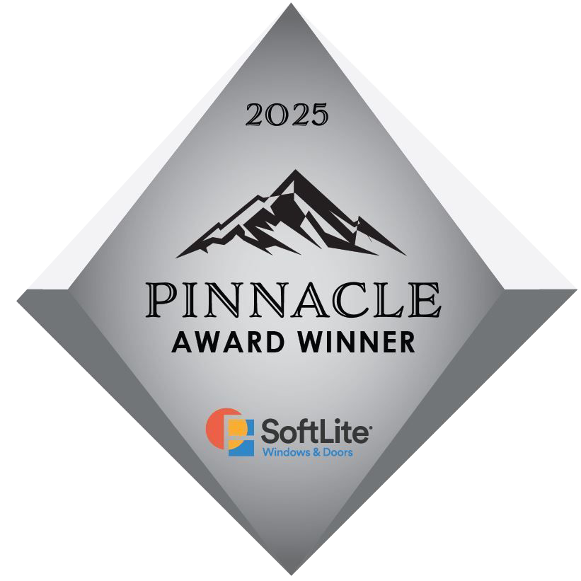 Pinnacle Award Winner badge for SoftLite Windows & Doors, silver with mountain graphic, and the year 2025.