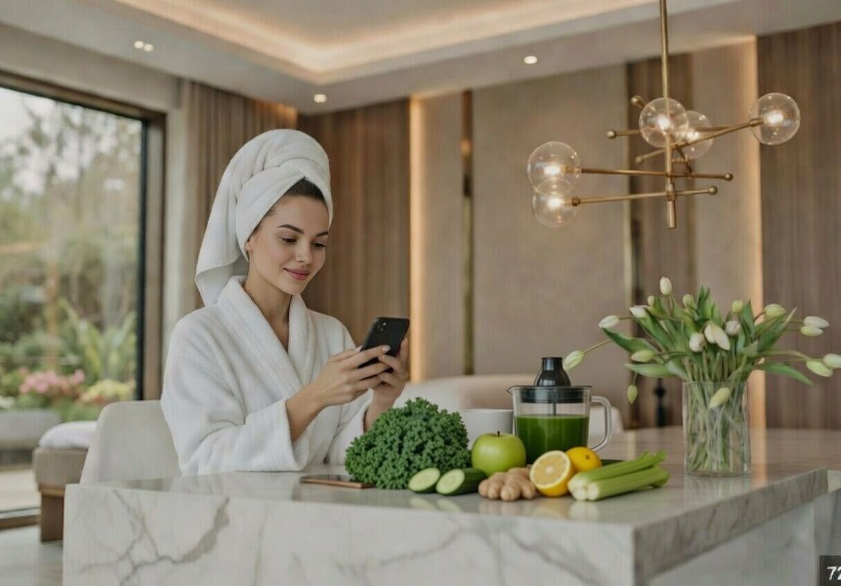 Woman preparing green juice and fresh vegetables supporting cellular detox and wellness