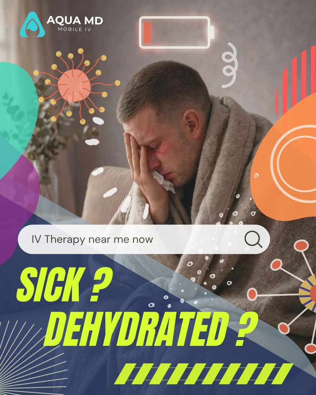 Sick patient at home in Bremerton pending mobile IV therapy from AQUA MD for hydration and illness recovery.
