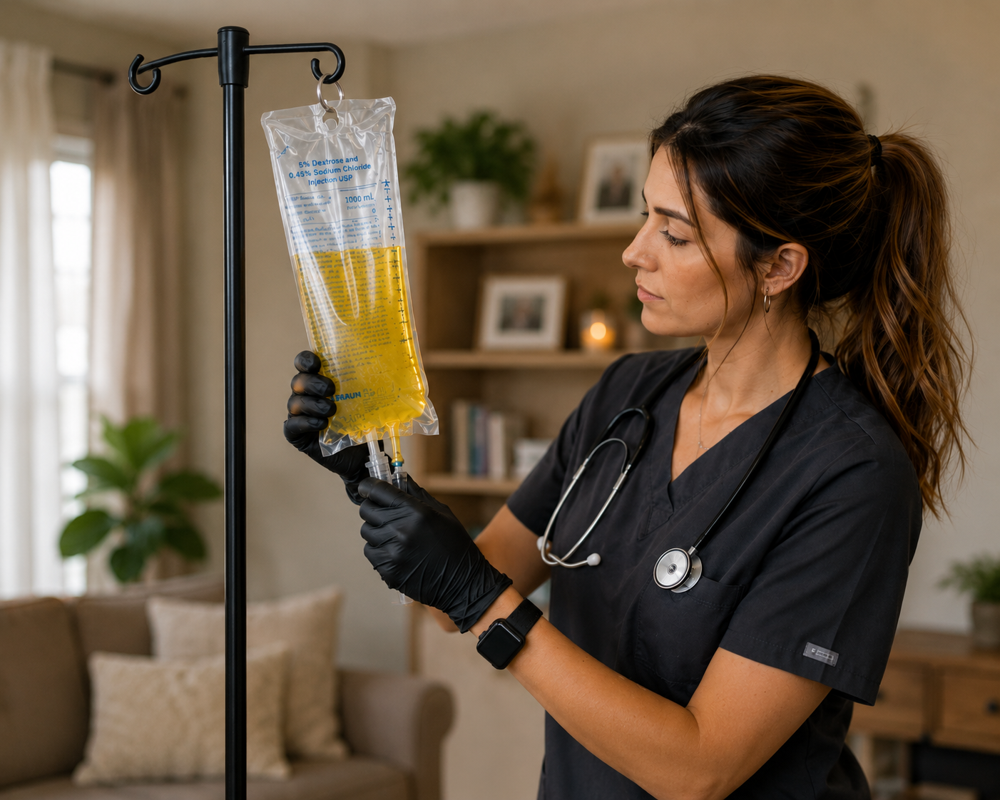 Nurse preparing IV hydration therapy at home with a yellow infusion bag on a black IV pole for the AQUA MD Surgical Hydration & Recovery Program™