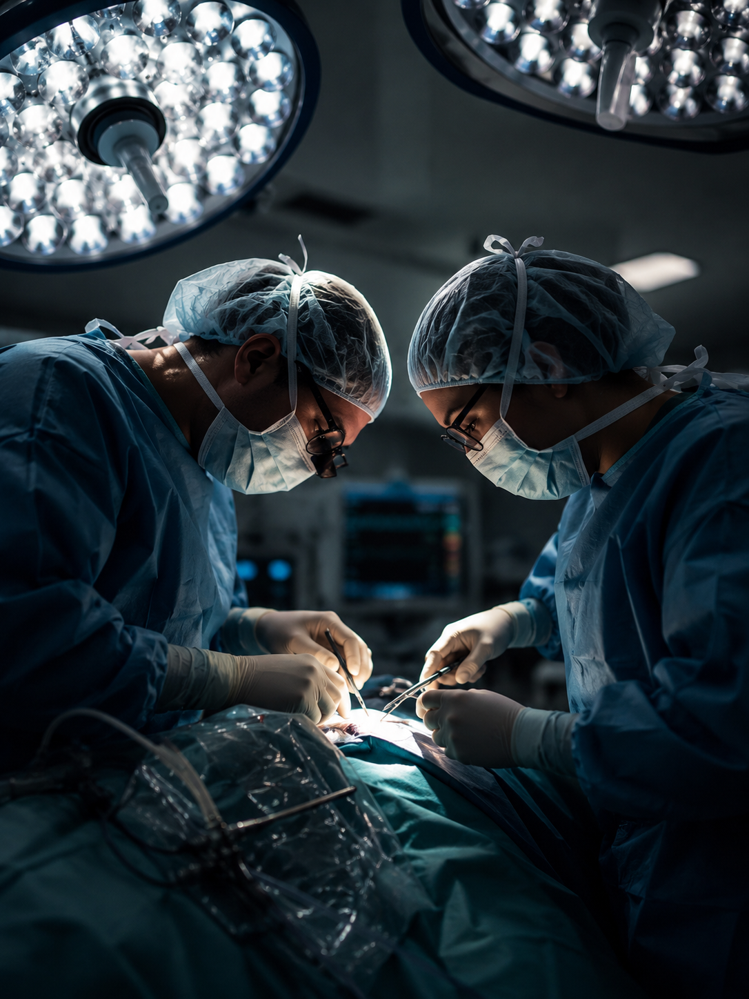 Surgeons performing a procedure under operating room lights, representing peri-operative care supported by the AQUA MD Surgical Hydration & Recovery Program™