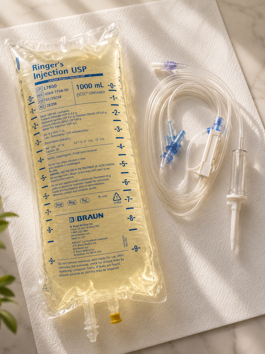 Lactated Ringer's IV hydration bag with sterile IV tubing, illustrating physician-directed IV hydration therapy for dehydration, recovery, and wellness care.