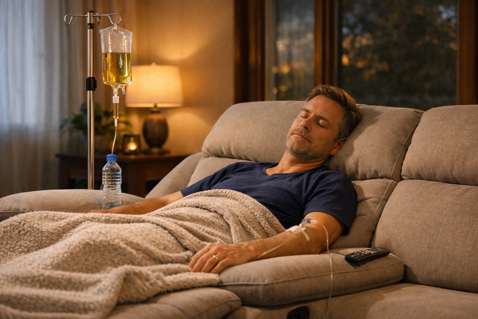 Man receiving AQUA MD mobile IV therapy at home with Myers vitamin infusion for stress relief and hydration support.