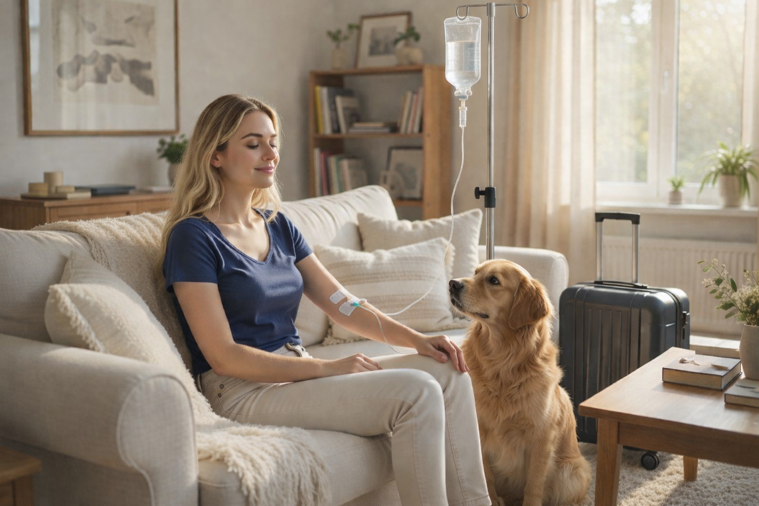 patient receiving AQUA MD Mobile IV in-home therapy for jet lag support in Bremerton
