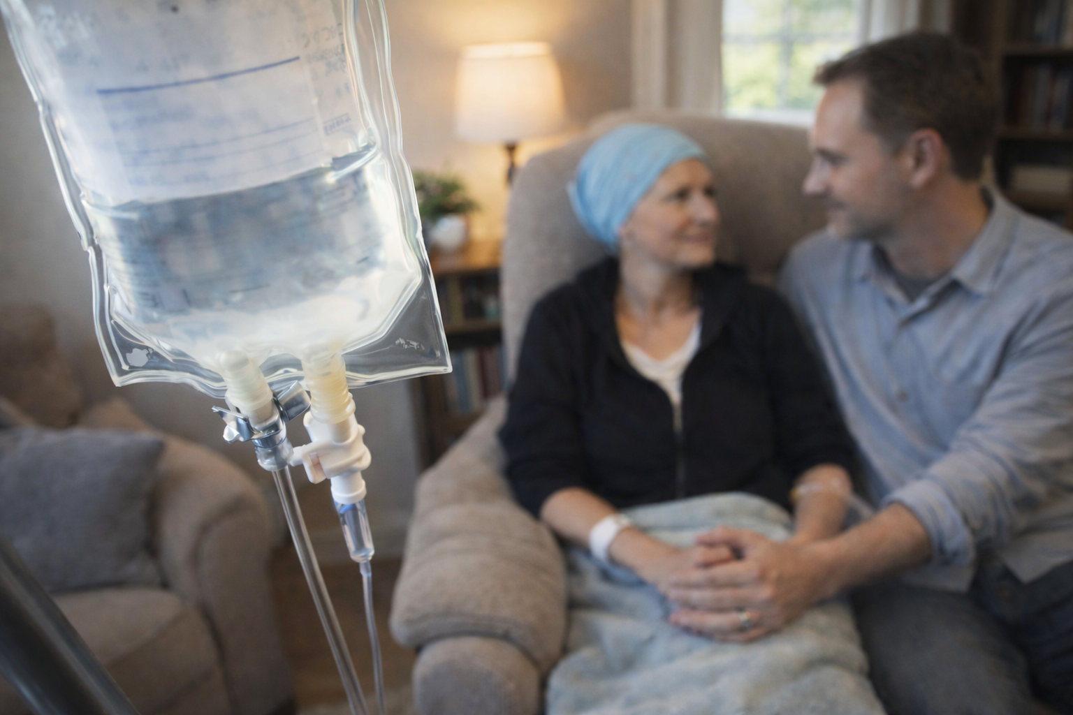 Woman resting at home with family while receiving mobile IV hydration therapy from AQUA MD for cancer support in Kitsap County WA