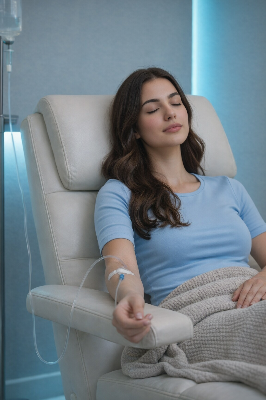 Woman relaxing in chair while receiving AQUA MD mobile IV hydration therapy for metabolism and energy support.