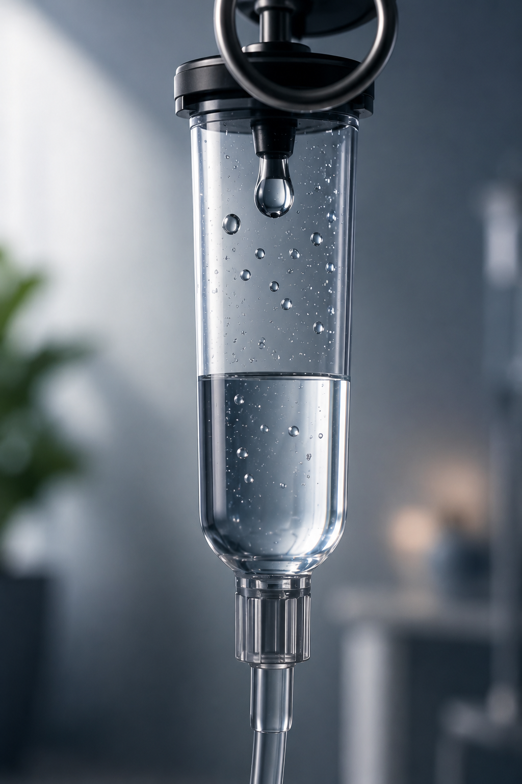 Close-up of a medical IV drip chamber illustrating physician-guided IV hydration and fluid therapy for dehydration when oral hydration may not be sufficient.