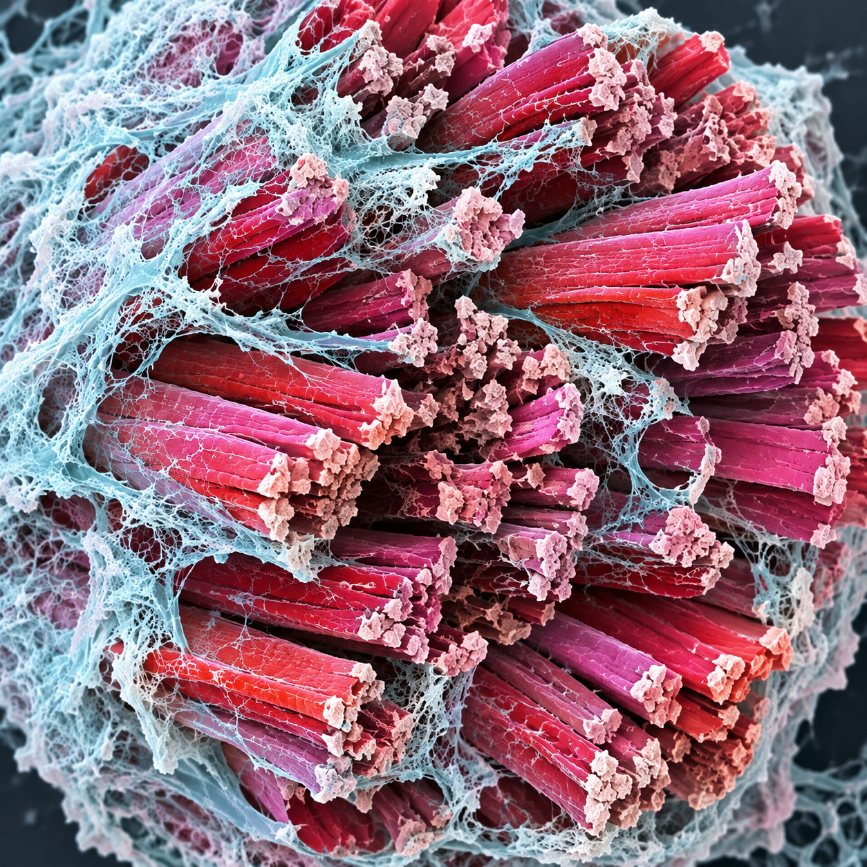 Microscopic view of damaged muscle fibers after exercise, showing delayed onset muscle soreness DOM