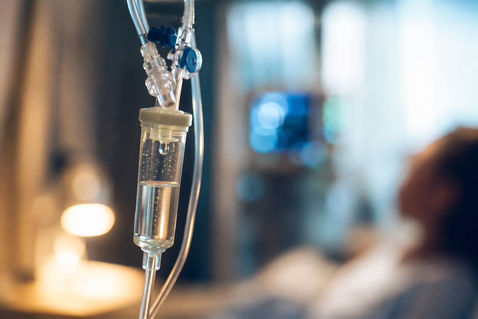 Close-up of IV hydration tubing and drip chamber used in the AQUA MD Surgical Hydration & Recovery Program, symbolizing physician-directed peri-operative care, physiologic support, comfort-focused recovery, and restorative wellness in a calm healing environment.