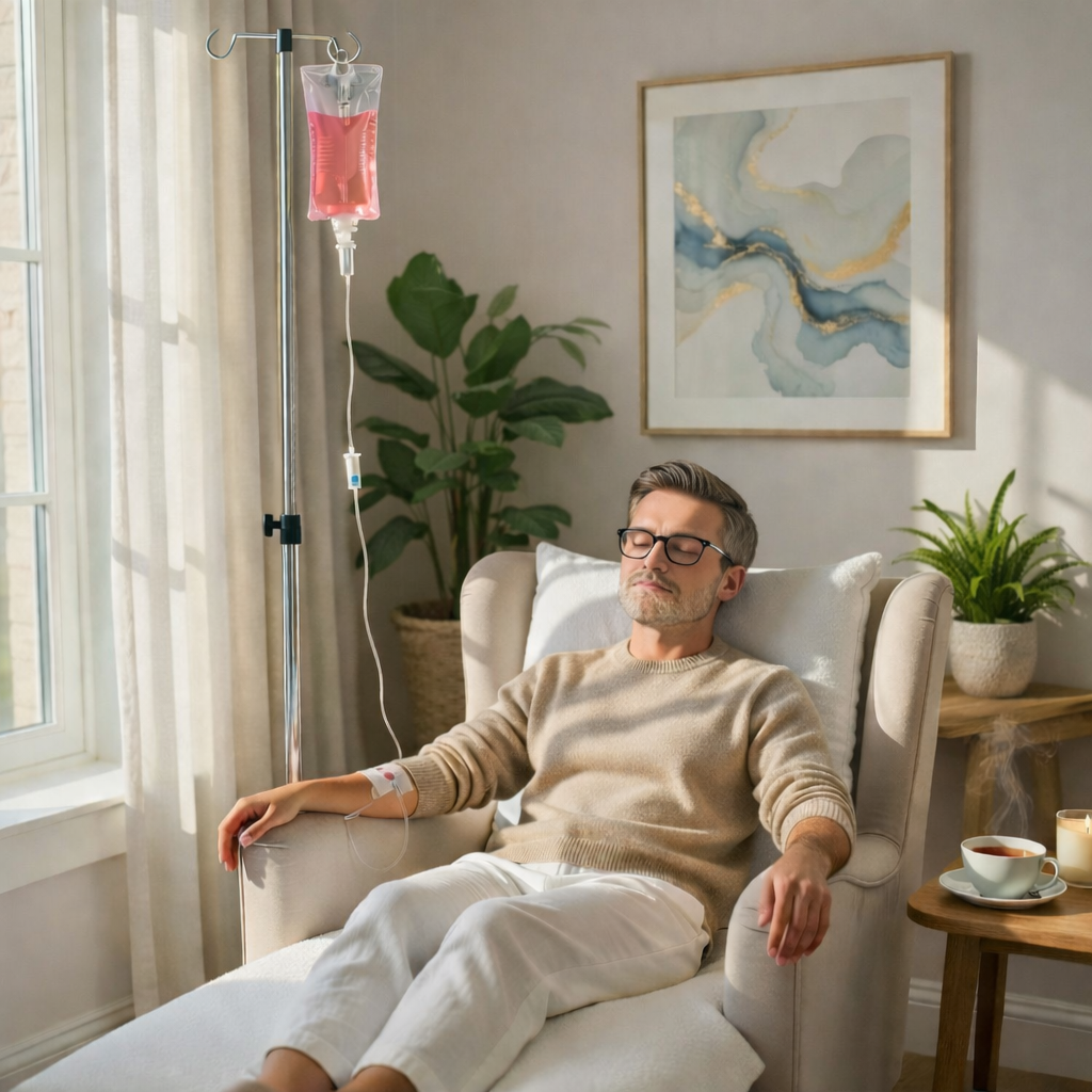 Man relaxing in chair while receiving AQUA MD detox IV therapy with hydration and antioxidants.