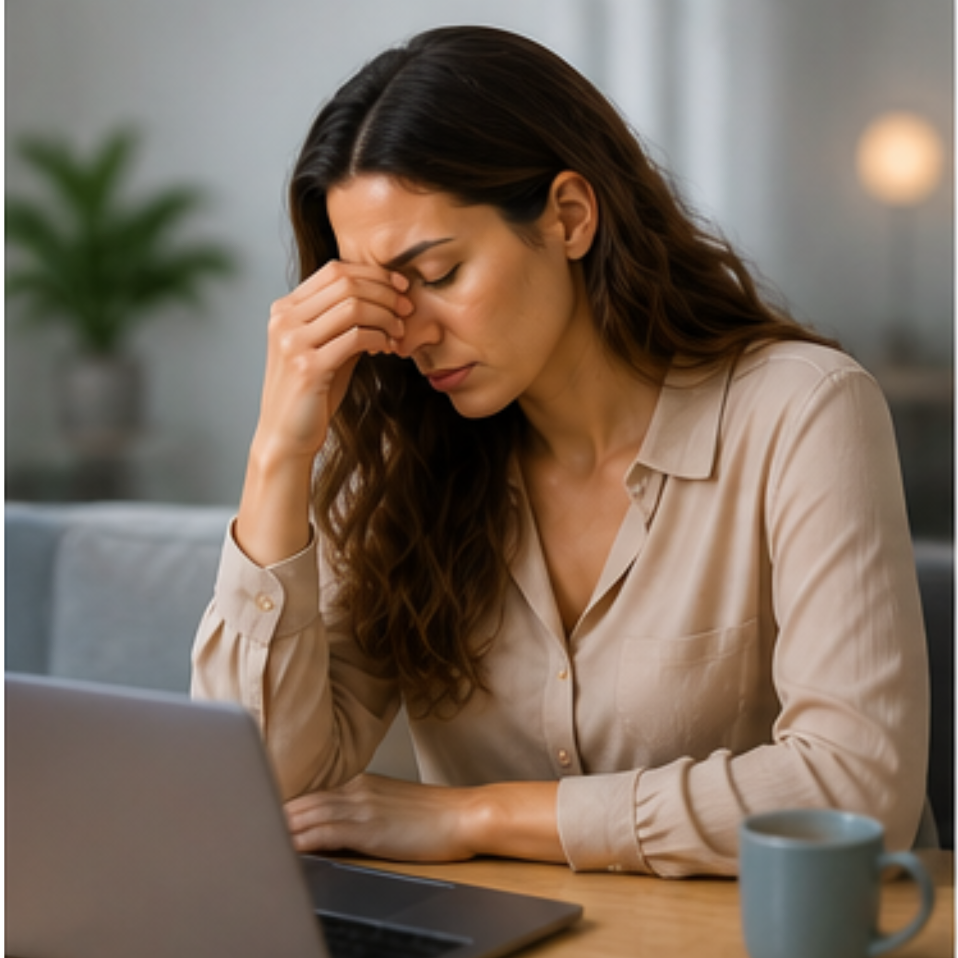 tired woman from iron deficiency, dehydration, poor sleep, chronic illness/infection, low vitamin levels, POTS or on-going stress/burnout