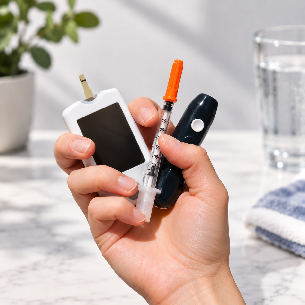 GLP-1 injection syringe and glucose monitor representing GLP-1 medications and dehydration risk.