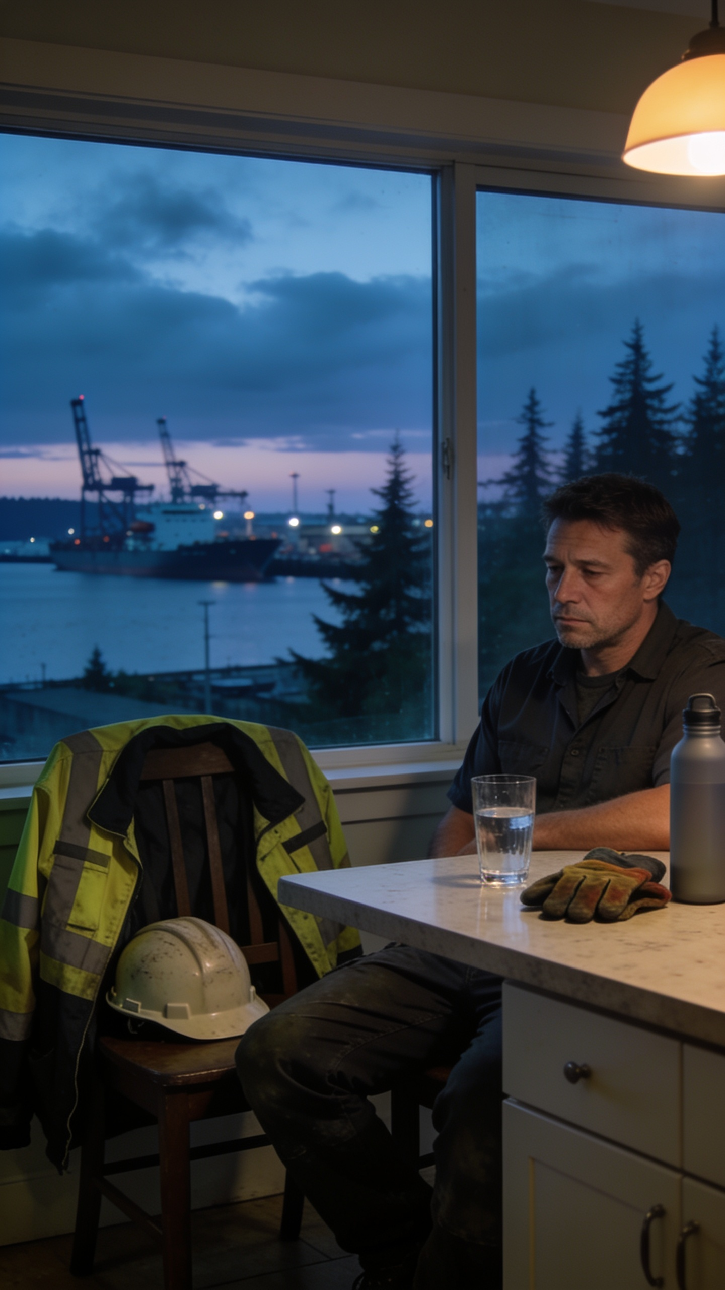 Tired shipyard worker sitting at a kitchen table after a night shift, with a hard hat, reflective work jacket, water, and a Pacific Northwest shipyard visible through the window at dawn.