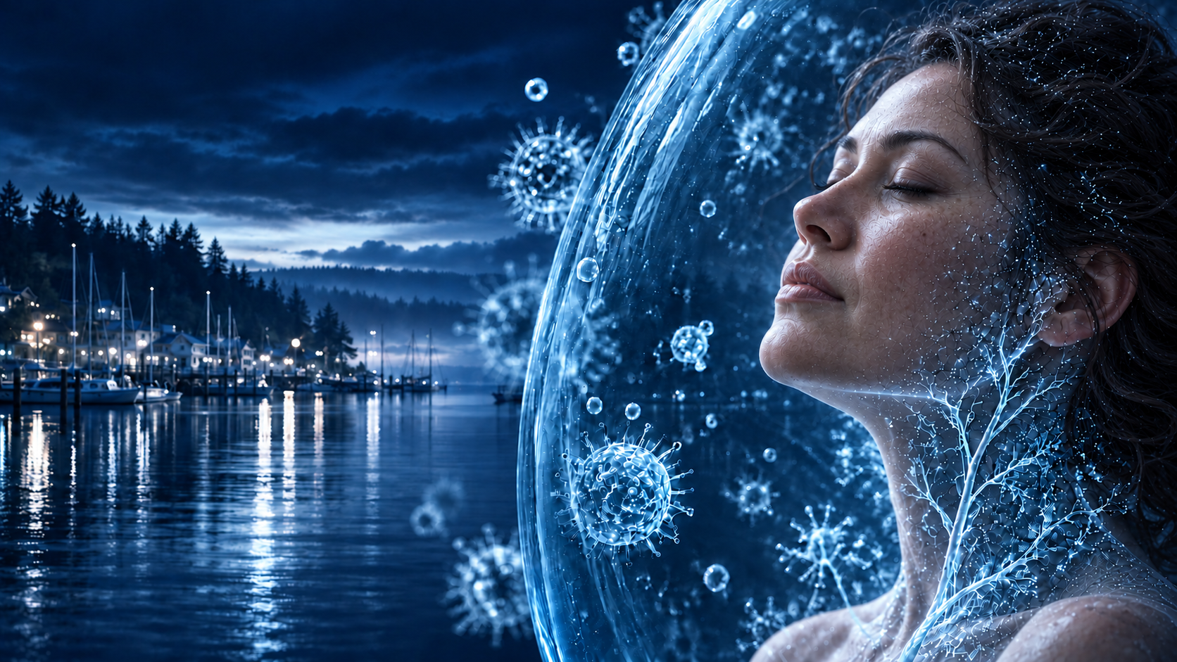 woman and virus-like particles against a Port Orchard–inspired waterfront, representing flu recovery