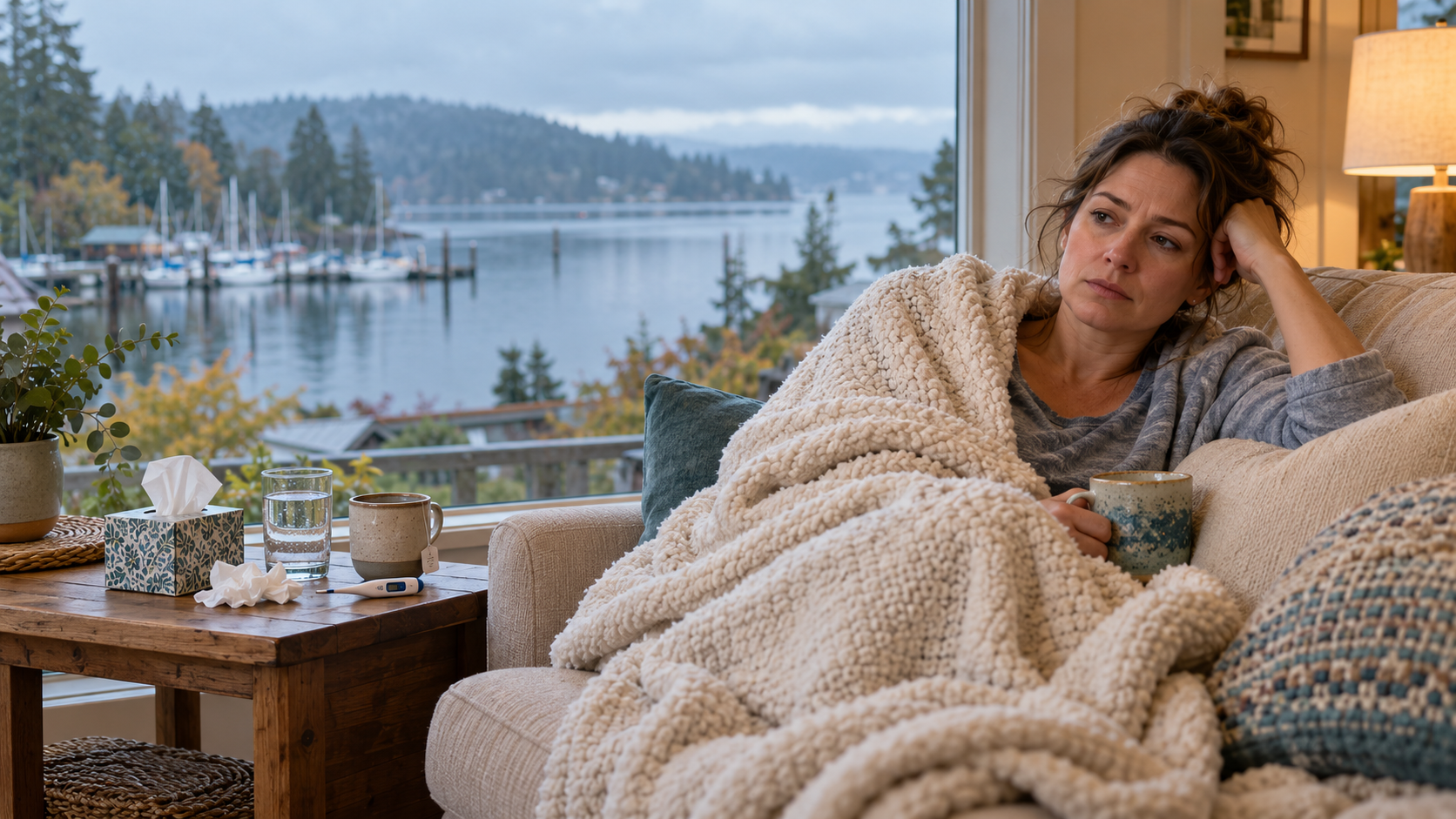 Woman resting under a blanket at home in Port Orchard, Washington, with tea, water, and tissues nearby and a waterfront view through the window.