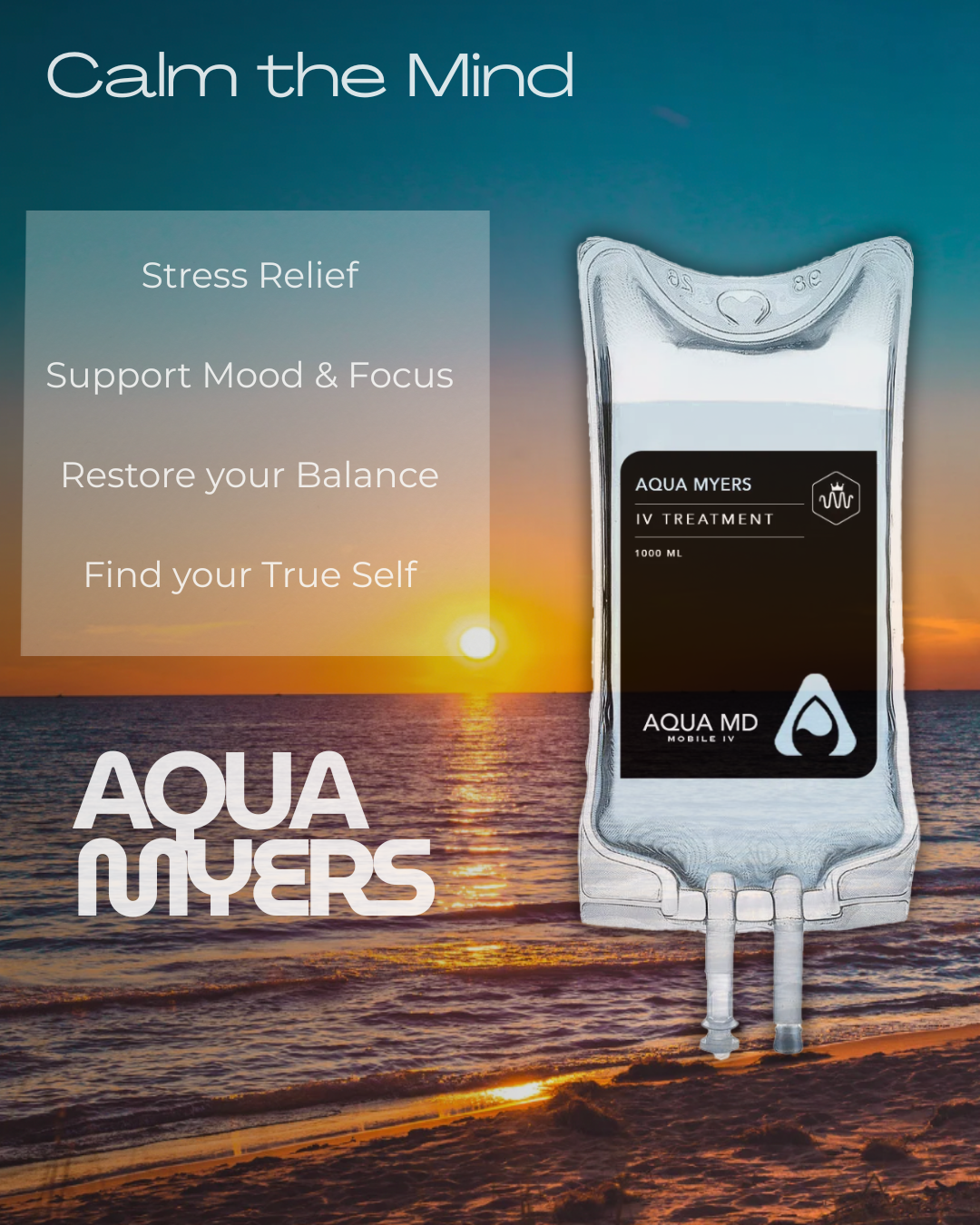 IV fluid bag in sunset background representing AQUA Myers IV infusion for calming the mind, stress relief and relaxation