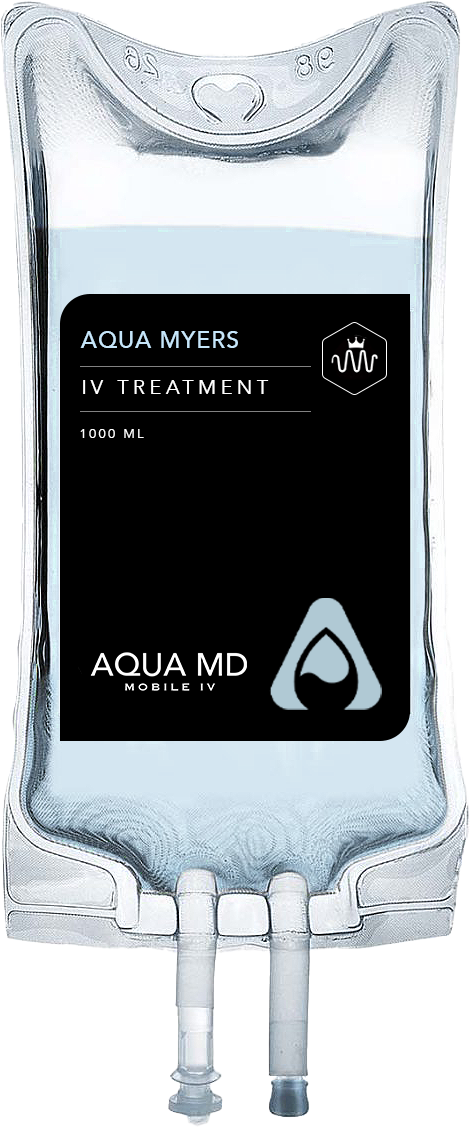 AQUA Myers IV therapy bag formulated to support relaxation, hydration, and overall wellness through physician-directed care.