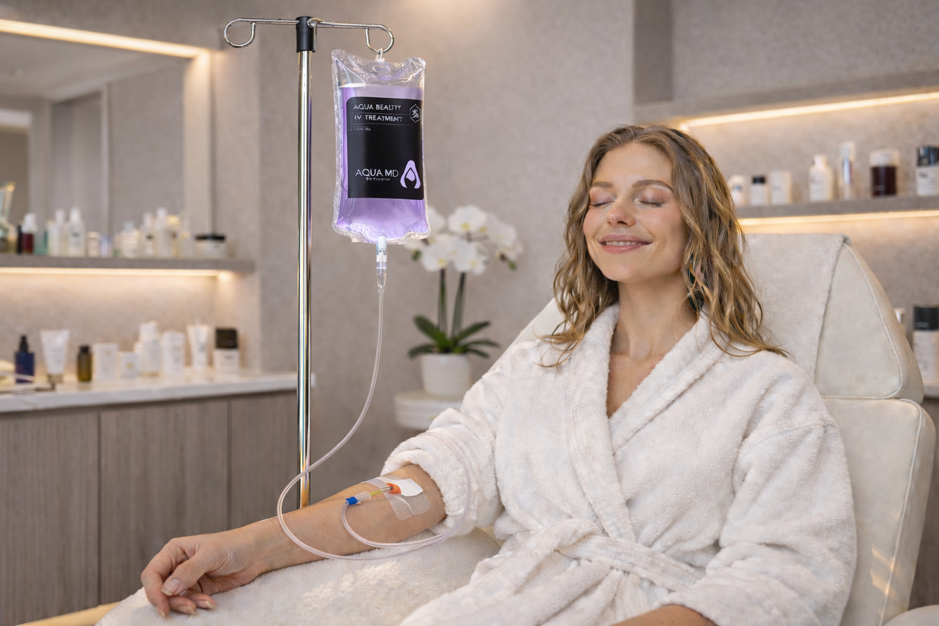 patient receiving Mobile IV in-home therapy for radiant skin glow and hair/nail strengthening