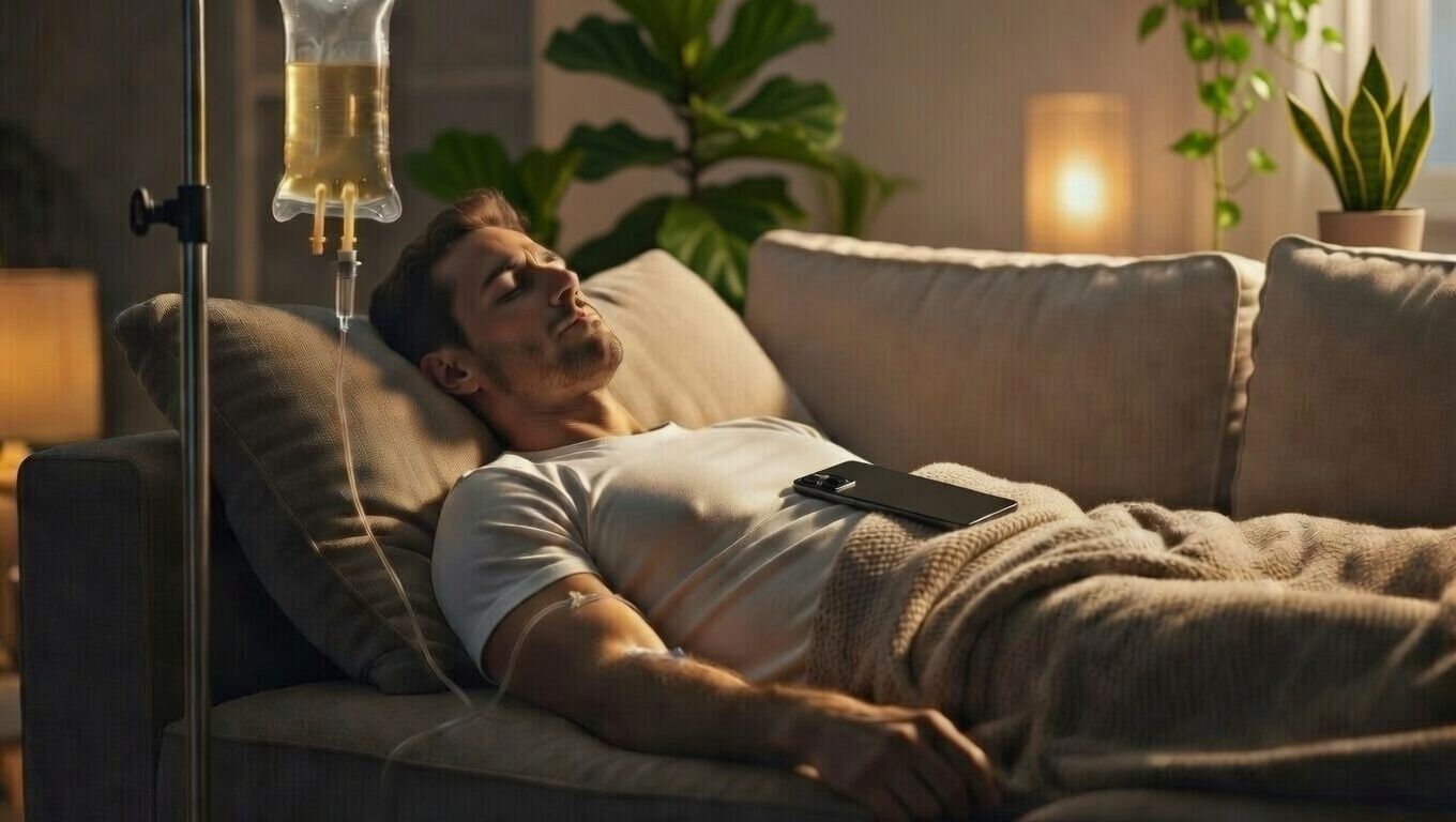 A calm, relaxed man sleeping on the couch while receiving AQUA Myers IV infusion.