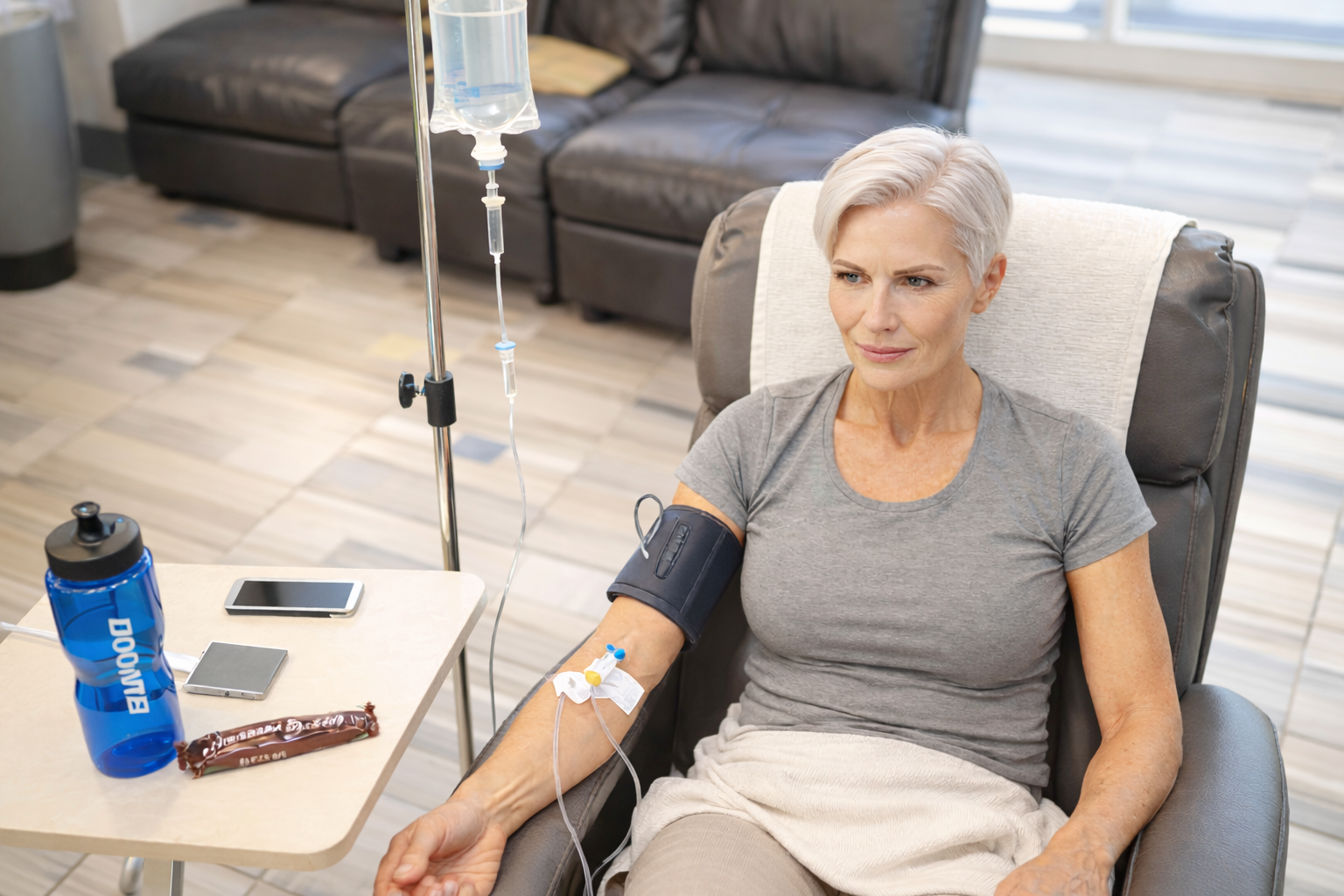 Woman receiving AQUA MD mobile IV therapy at home for metabolism and weight-management support with hydration IV drip.