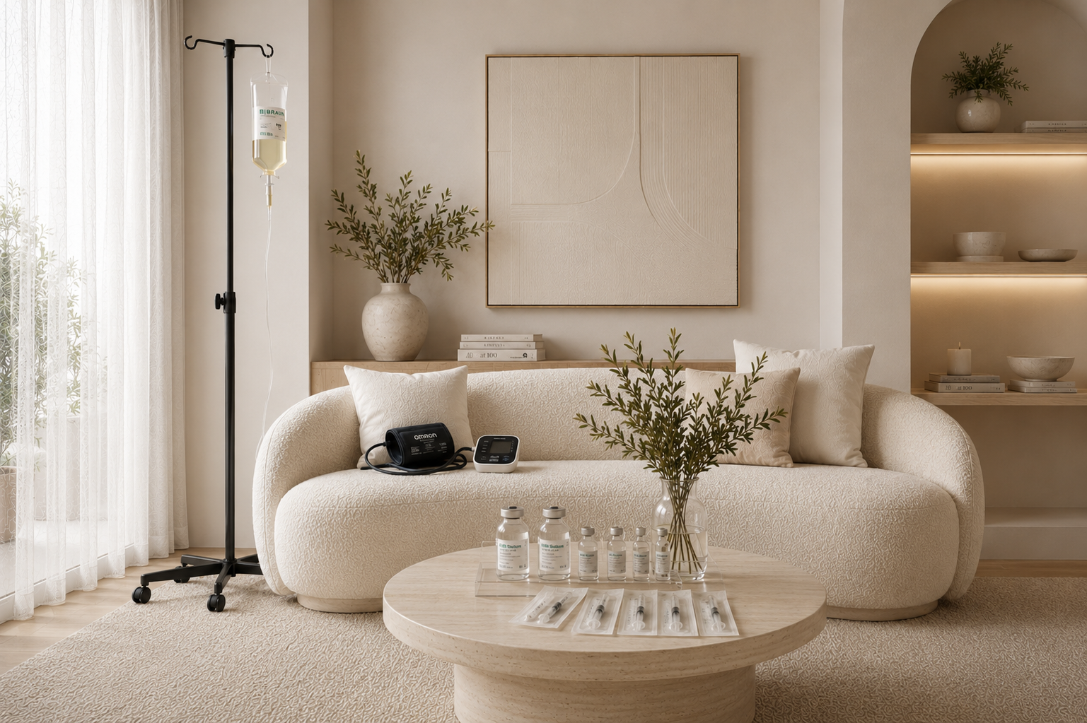 Luxury in-home IV hydration setup for AQUA MD Surgical Hydration & Recovery Program featuring a calm modern recovery lounge, physician-directed IV therapy with Braun fluid bag, organized medical supplies, portable blood pressure monitor, and wellness-focused post-operative care environment.