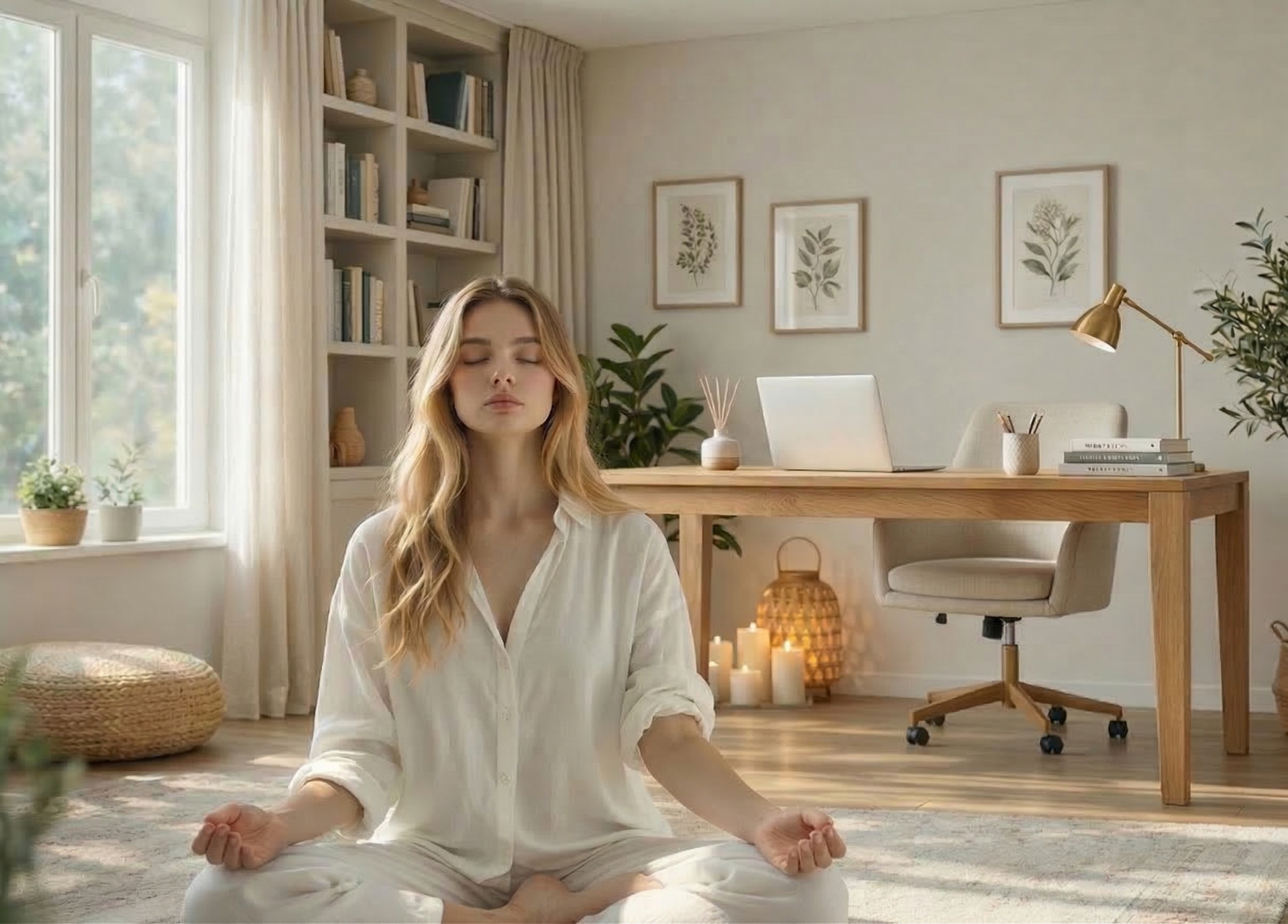 Woman practicing mindfulness meditation at home to reduce stress, promote relaxation, and support overall wellness.