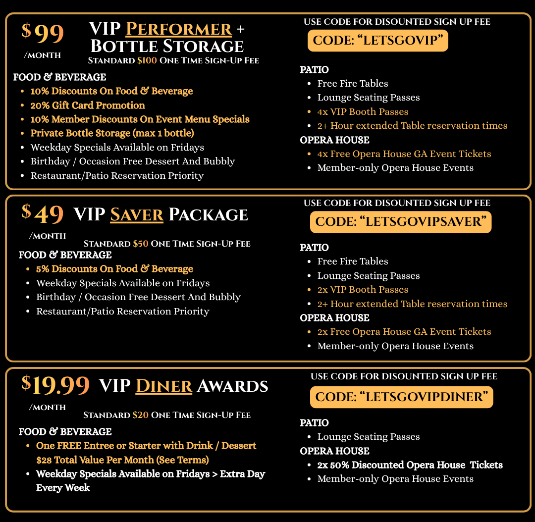 Black-and-gold pricing flyer with three VIP event packages and promo codes.