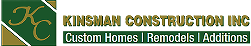 Logo for Kinsman Construction Inc. features gold "KC" within a green background, plus text: Custom Homes, Remodels, Additions.
