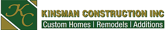 Logo for Kinsman Construction Inc. features gold "KC" within a green background, plus text: Custom Homes, Remodels, Additions.