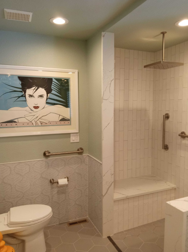 Bathroom with accessible features: toilet, shower with bench, grab bars, artwork on light green walls.