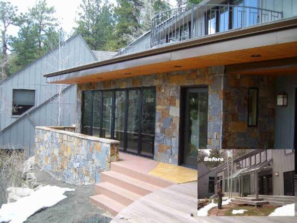 Exterior of a house with stone and wood facade, stairs leading up to glass doors. Includes before image.