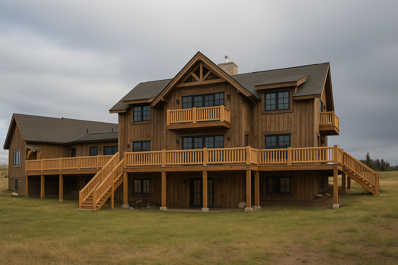 Rustic wooden house with balconies and a wraparound deck on a grassy plain under a cloudy sky.