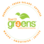 Bowl of Greens logo with green leaves and orange text for a healthy kitchen and juice bar