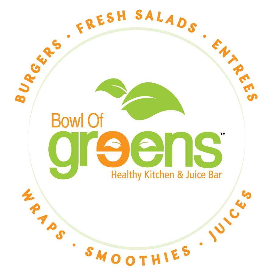 Bowl of Greens logo with green leaves and orange text for a healthy kitchen and juice bar
