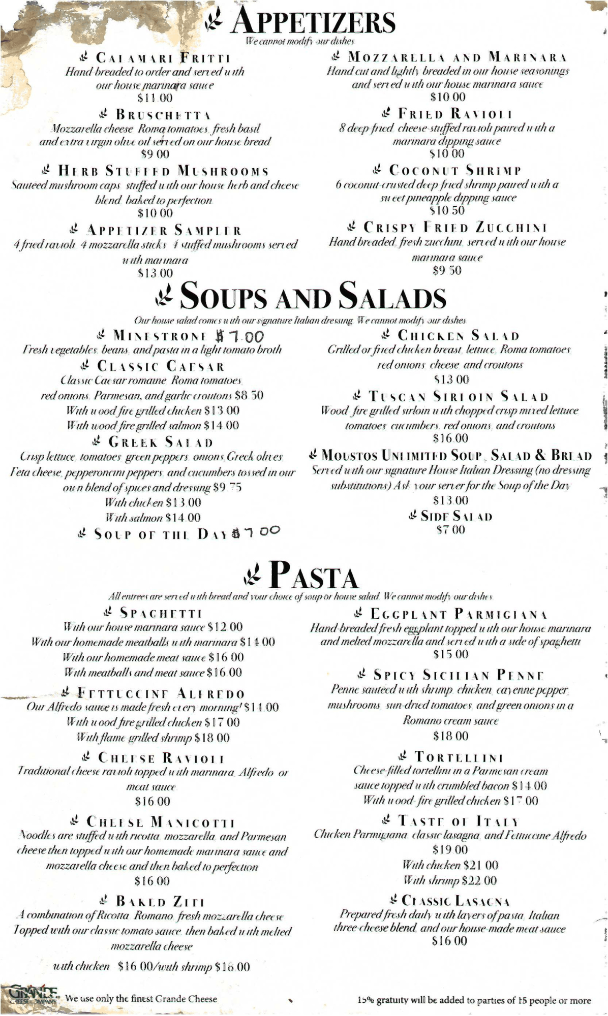 Moustos Pasta & Grill Italian Restaurant Menu Union City, TN