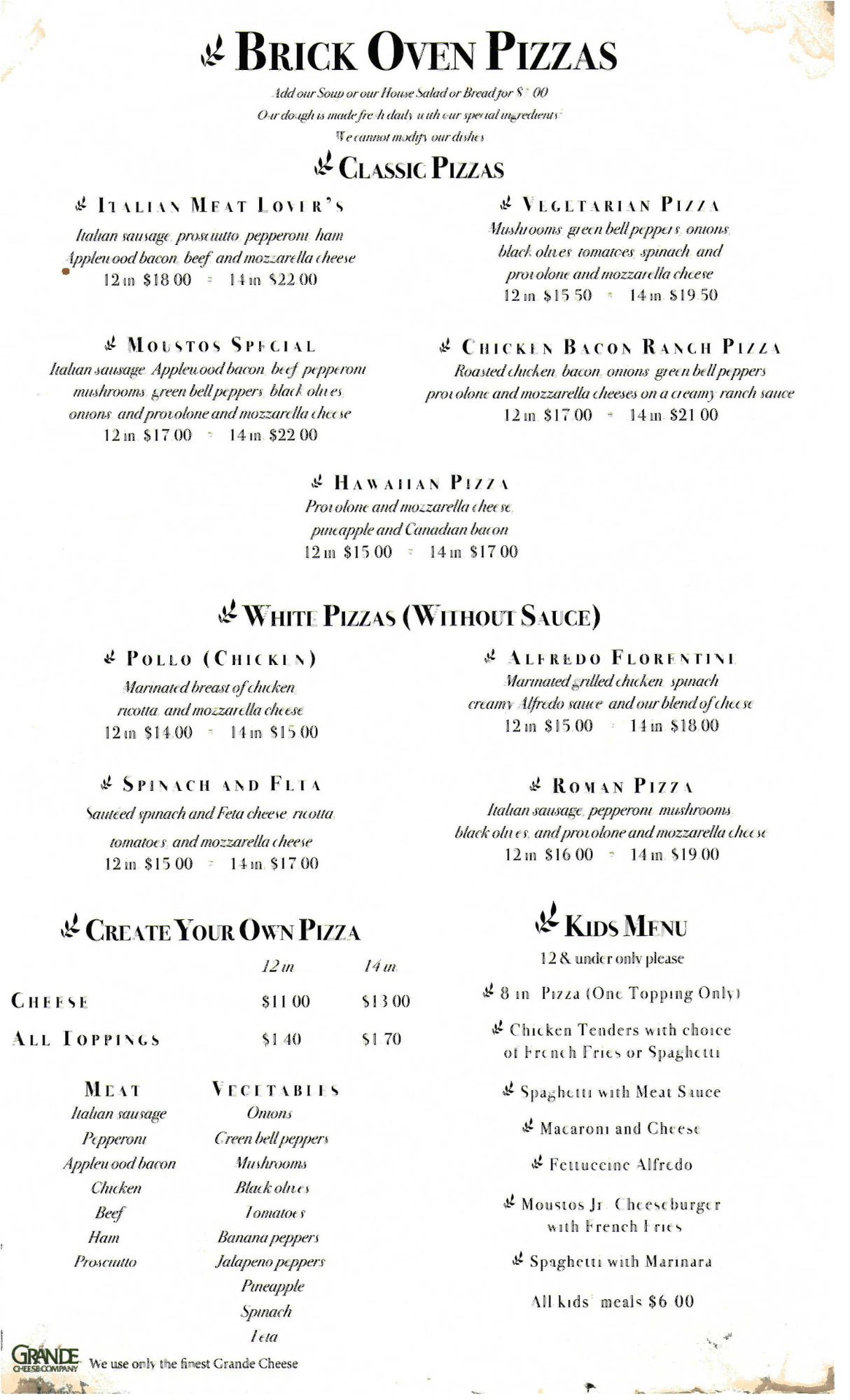 Moustos Pasta & Grill Italian Restaurant Menu Union City, TN